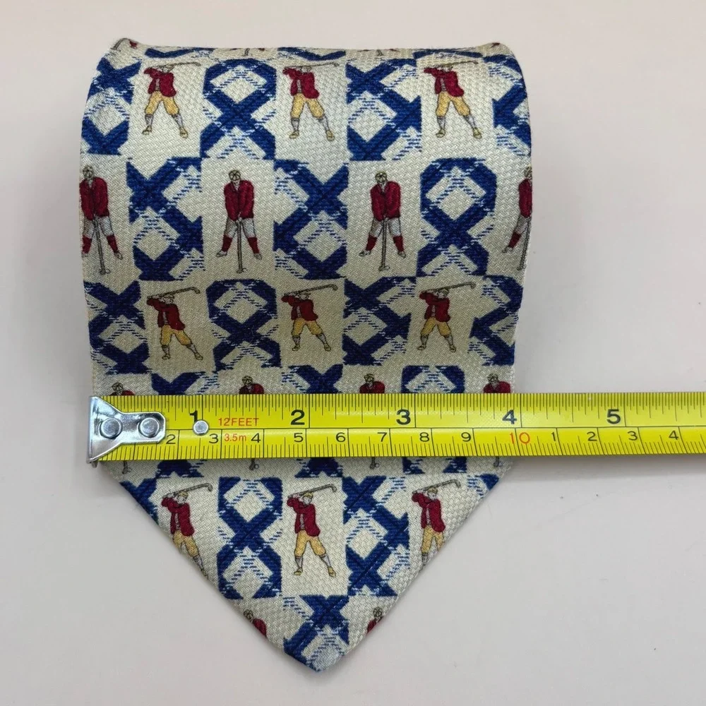Tommy Hilfiger Mens Silk Tie Golf Theme Vintage Made in USA Blue Cream 4 Inch